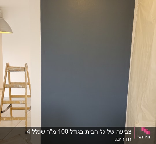קיר צבוע בכחול כהה עם סולם ועיתון על הרצפה